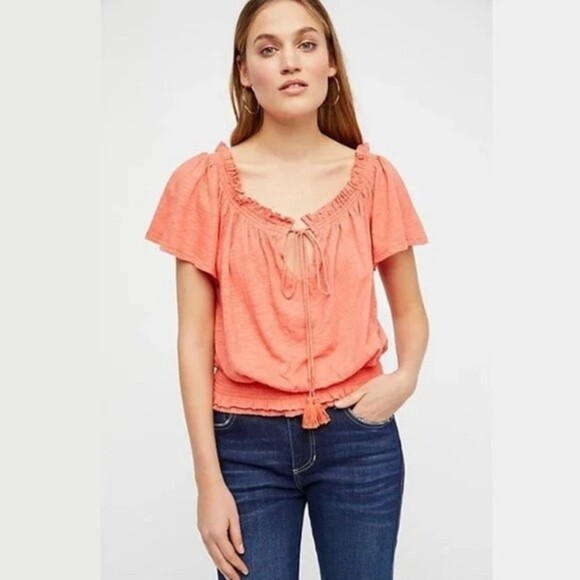 Free People Humming Bird Blouse Coral Pink Boho Smocked NWT Womens Size Small - Picture 1 of 11